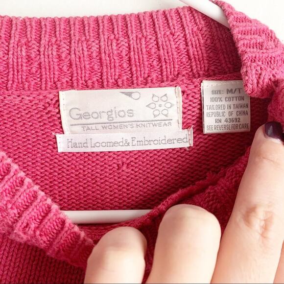 Vintage Hand Loomed Embroidered Pink Crewneck Sweater Floral Designs Cottagecore - Picture 5 of 9